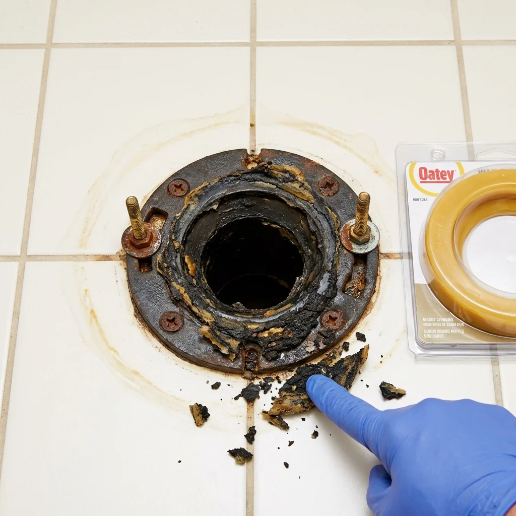 Failed wax ring showing water seepage at the base of a toilet in a Eden, NY home